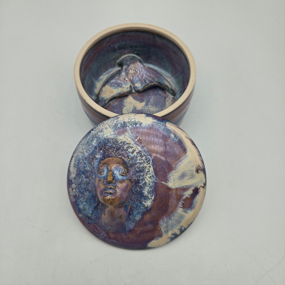 Art Pottery Mermaid Lidded Trinket Jar Round Jewelry Box Purple Blue Drip Glaze
